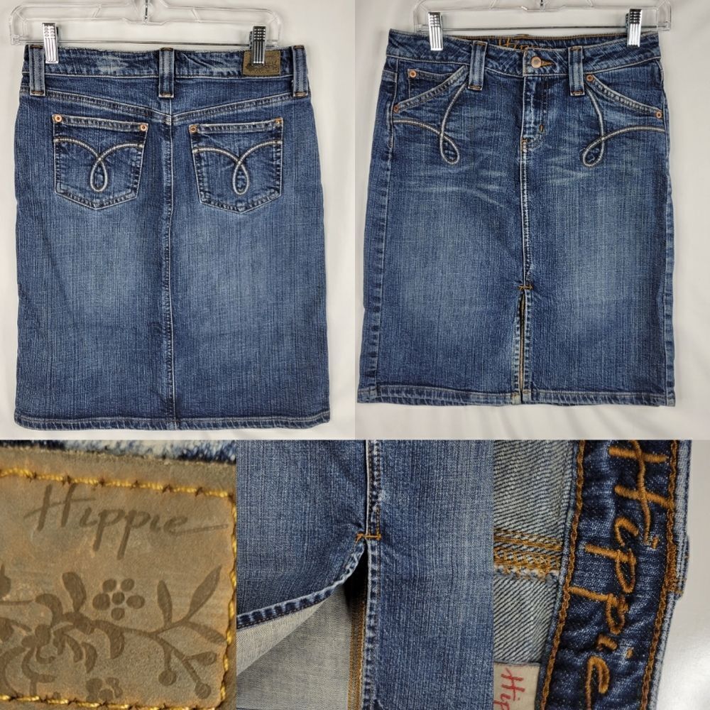 3 HIPPIE Vintage embroidered denim front slit Y2K pencil mini skirt small
